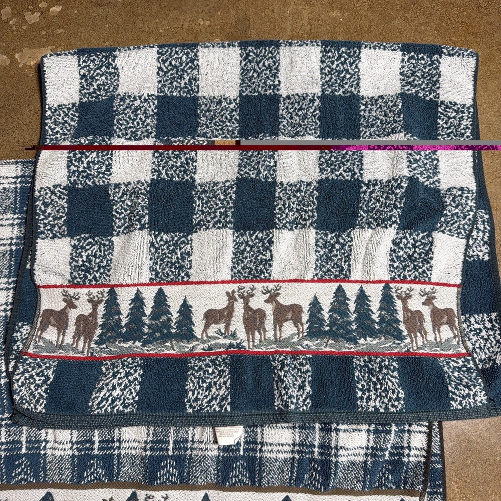 Vintage Christmas Green Plaid Deer Towels - Picture 3 of 10